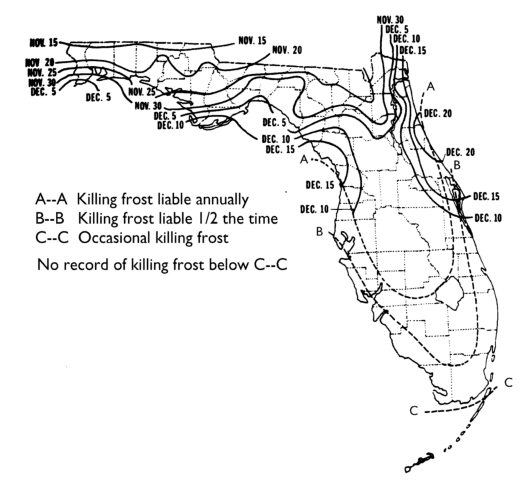 first frost date, map, florida